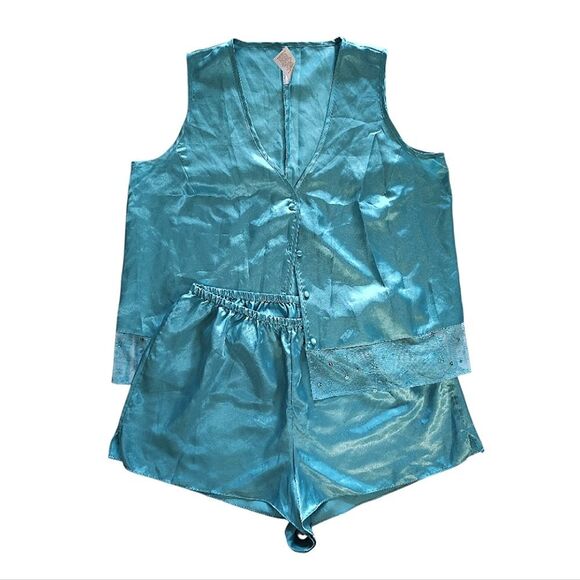 VTG 80s Turquoise Satin Sleeveless Top And Shorts Pajama Set Size 1X *Med/ Lrg - Picture 6 of 15
